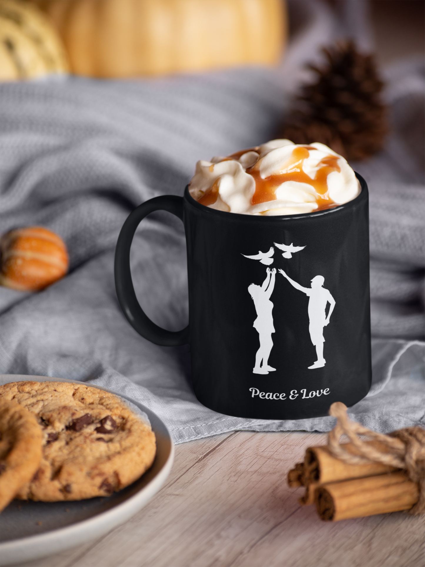 Peace & Love Black Mug, (11oz)