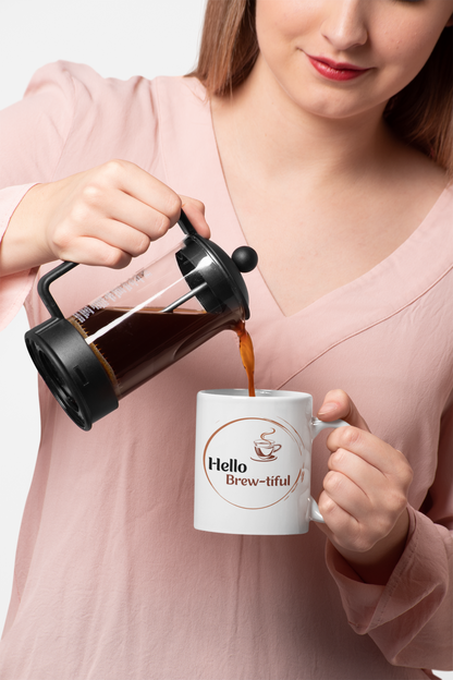 Funny Hello Brew-tiful White Mug, (11oz)